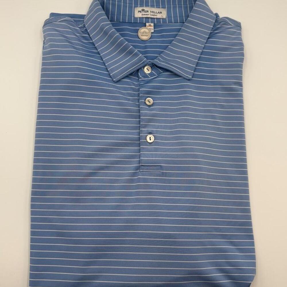 Peter millar summer comfort blue white stripe size XL Golf course logo on sleeve
